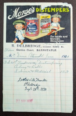 1930 R. Delbridge Dekorateur Barnstaple Quittung Morse s Distempers Werbung nach oben