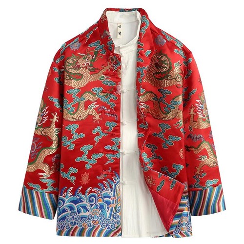 Men's Tang Suit Chinese Style Retro Improved Embroidered Dragon Robe Casual Coat - Afbeelding 1 van 14