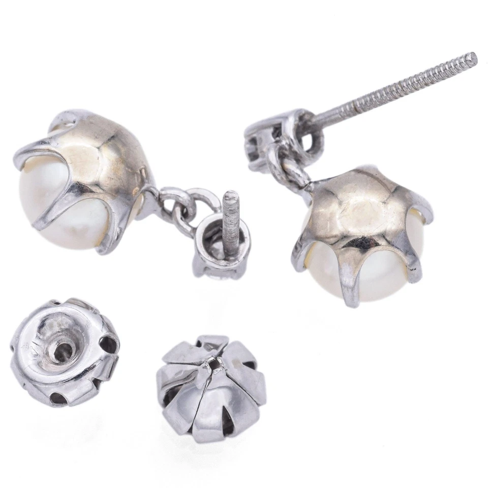 Estate 14K White Gold Pearl & Diamond Dangle Earrings - Image 3 of 4