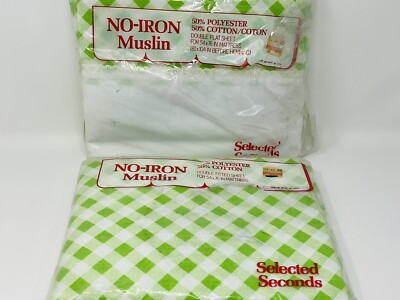 Vintage Selected Seconds No Iron Muslin Green/White Checkered Double Flat Fitted