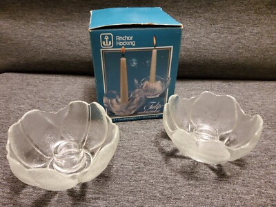 Pair Vintage Anchor Hocking Clear Tulip Flower 4'' Taper Candle Holders with Box