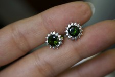 925 Sterling Silver Syn Emerald Green Round Cut CZ Halo Stud Earrings
