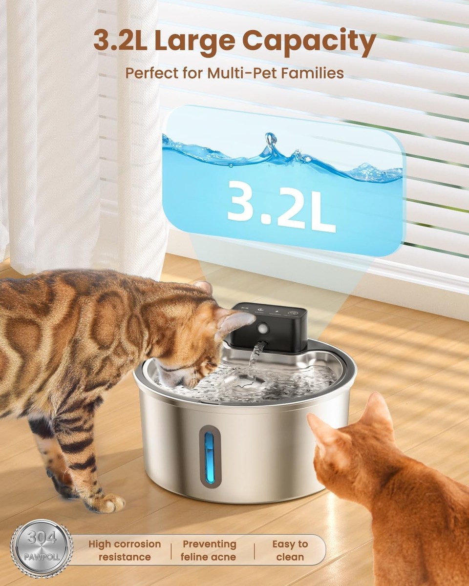 Stainless Steel Cat Water Fountain 3.2L - Cordless Wireless Fountain With 4-Stage Filtration