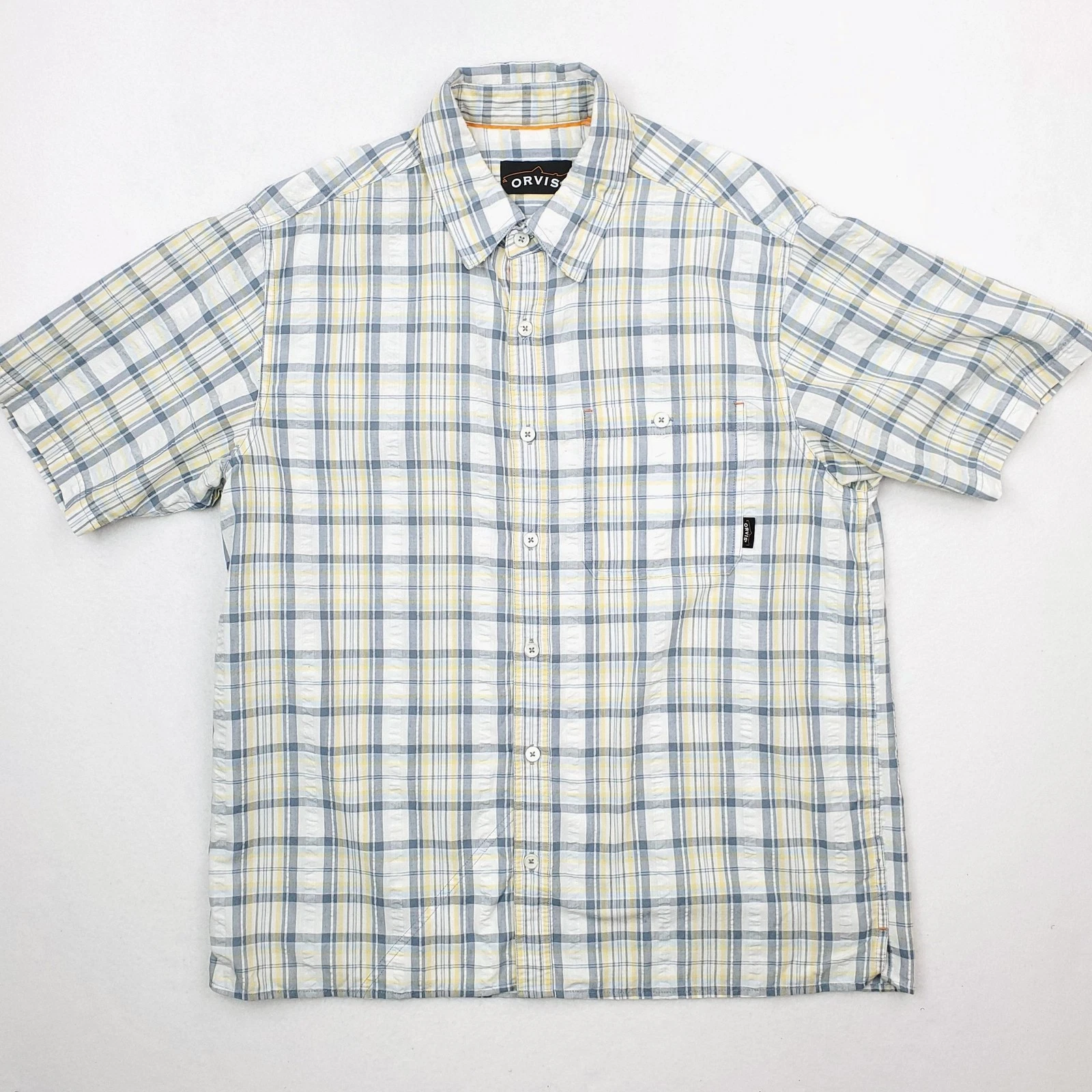 Orvis Shirt Mens Large Blue Yellow Plaid Linen Blend Hiking Fishing Short Sleeve