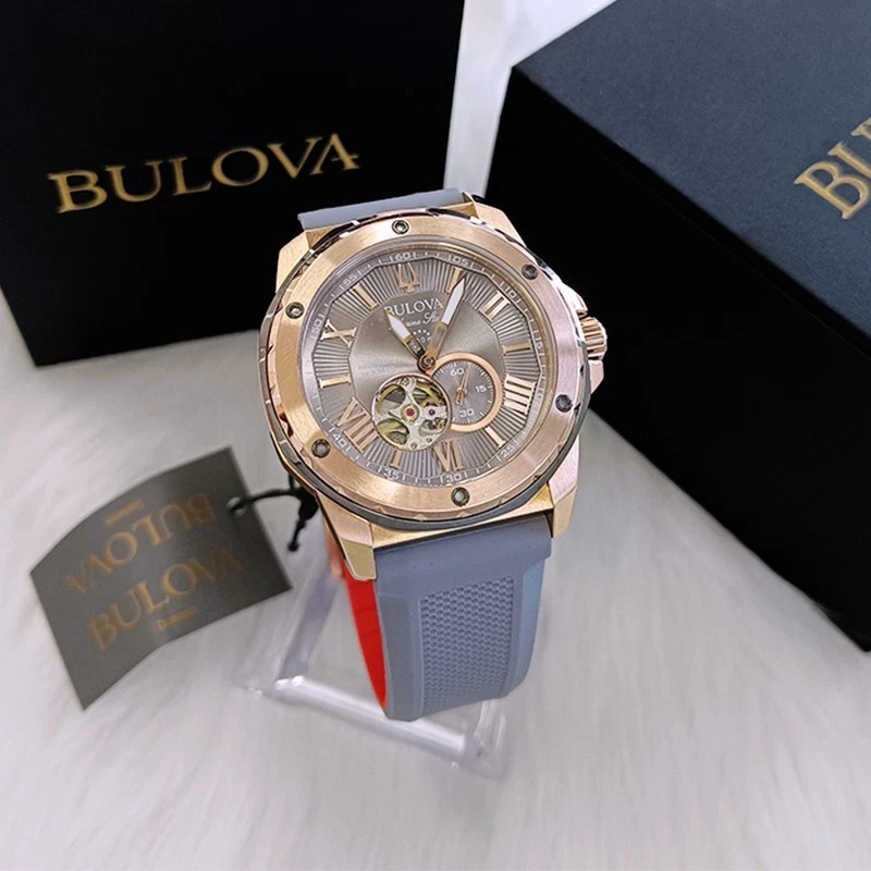 Bulova Marine Star Rose Gold Dial Grey Rubber Strap Men's Automatic Watch 98A228 - Image 2 of 4