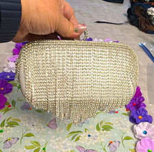 Silver Rhinestone Beaded Clutch Evening Bag w/ Fringe, Chain Strap, Ring Handle