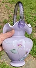 Vintage Fenton Lavender Purple Glass Basket, Hand Painted Flowers Signed, 9-3/4"