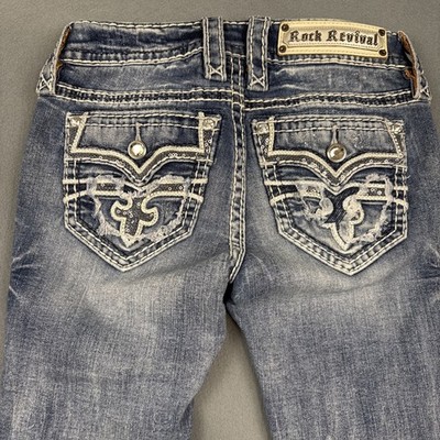 Rock Revival Jena Straight Jean Women 24/30  Rise Embellish Distress rhinestone