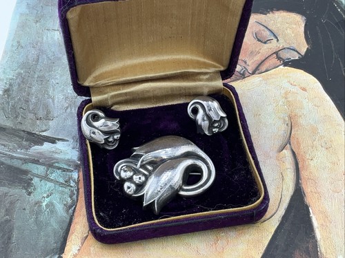 Vintage Georg Jensen Sterling Brooch & Matching Earrings Tulip Design