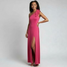 Halston Heritage Grecian One-Shoulder Leg Slit Fuchsia Pink Evening Gown Dress M