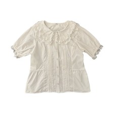 Blusa de algodón con cuello de encaje dulce | Top vintage con cuello Peter Pan