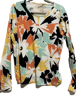 Hang Ten Sonnenschutz Oberteil Damen Gr. XL Blumen Langarm Golf Pickleball UV - Bild 1 von 4