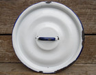 Vintage Original White Enamel Saucepan Lid w/ Blue Handle Enamelled Metal