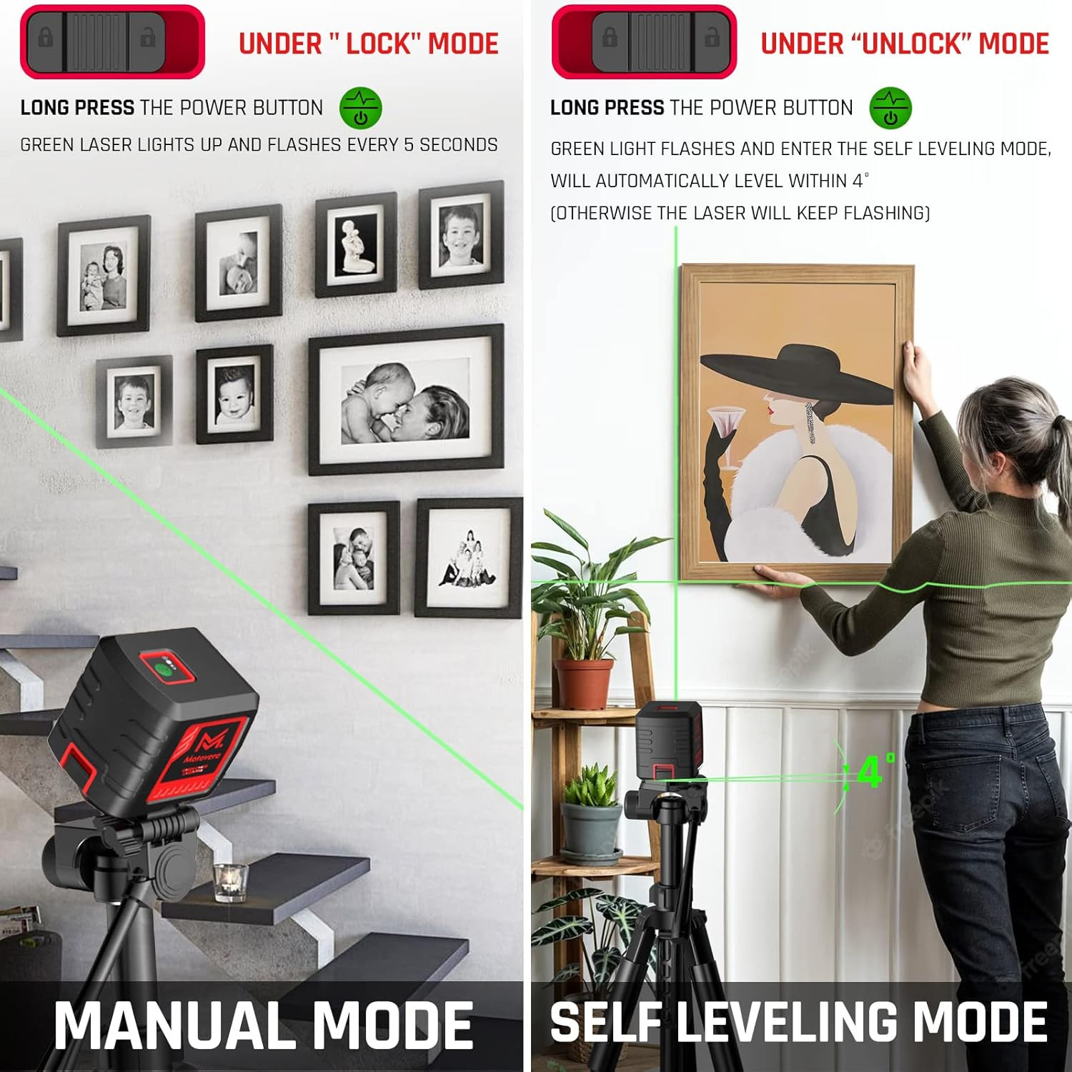 Laser Level, 100 Feet Self Leveling Laser Level, Green Cross Line Rotary Lasers,