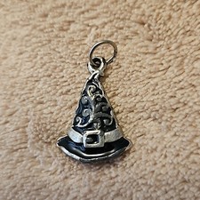Vintage Wizard Witch Hat Pendant Charm Black Silver Goth Halloween Spooky Season