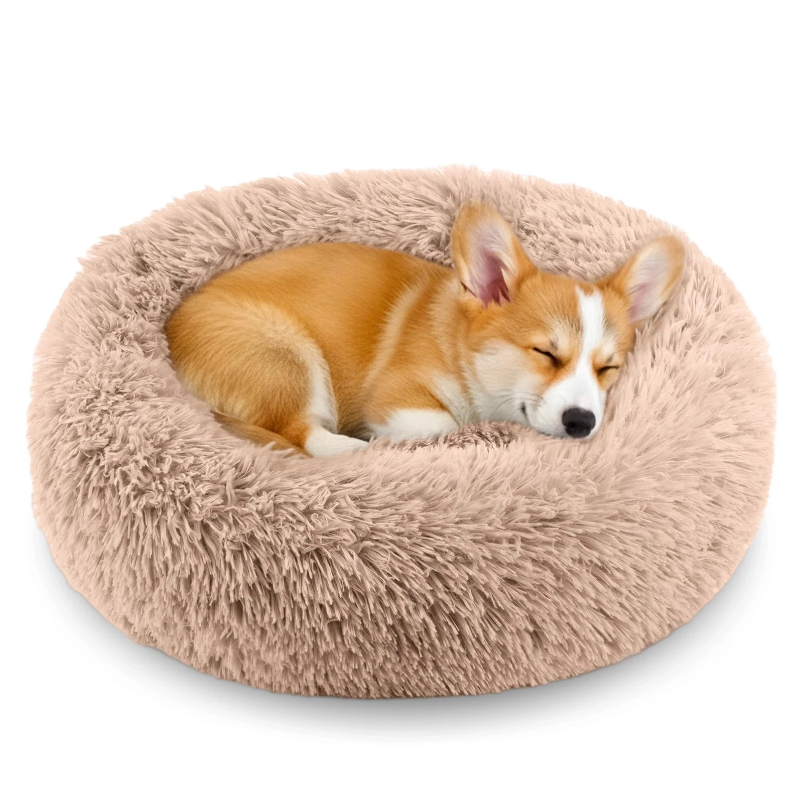 Donut Pet Bed Calming Round Fluffy Soft Washable Small Puppy Kitten 20in Camel