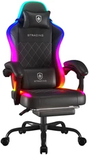 Ergonomic Gaming Chair Massage LED Lights Footrest Lumbar Support Backrest Black