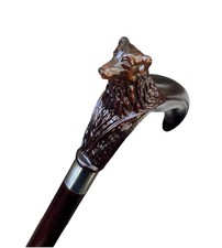 Unused Removable Carved Wood Dog Head Handle Silver Mount Walking Stick Cane 37