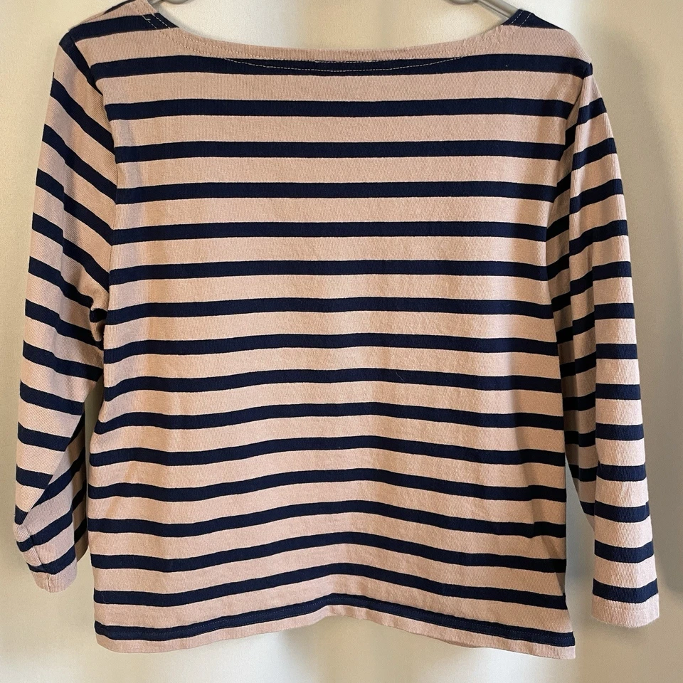 J. Camiseta Crew Para Mujer Mediana Azul Marino Tostado Bretón Rayas Cuello Barco Manga 3/4 Foto 2 de 4