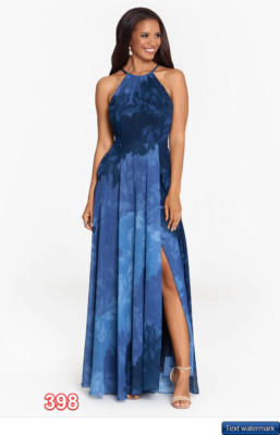 BETSY & ADAM Long Halter Print Chiffon Wrap Women's Dress Navy/Blue 10 MSRP $259
