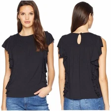 Frye Top Women's Size XS Jet Black Smocked Yoke Ruffle Cap Sleeve Knit Girlboss