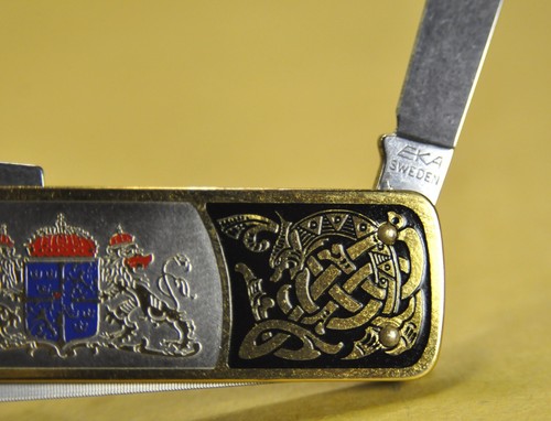 "EKA" Vtg Swedish c.1971's Brass handles Folding Pocket Knife w/ Leather case - 第 9/17 張圖片