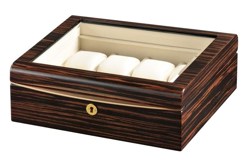 Volta Ebony Wood 8 Watch Box Case with Gold Accents & Cream Leather Interior 