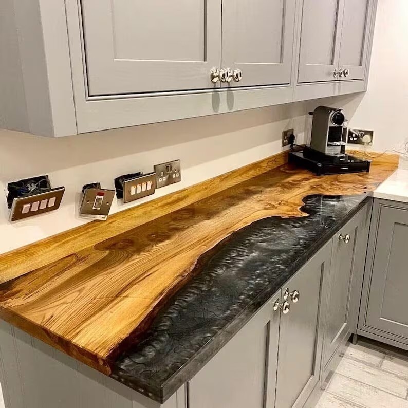 Black Epoxy Kitchen Counter top, Dining Table, Walnut Wood Table (96x30 Inch)