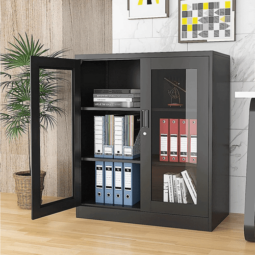 Metal Storage Cabinet with Lock Glass Doors 2 Adjustable Shelves for Home Office - Picture 7 of 8