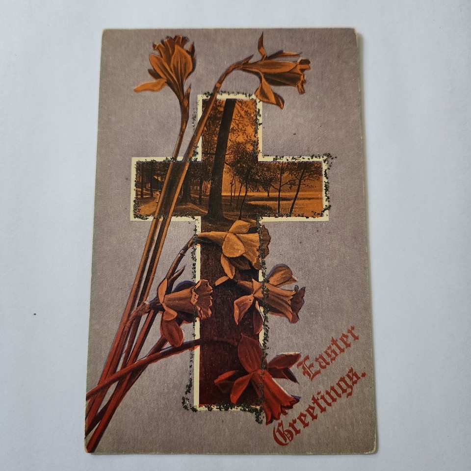 Landscape Cross Daffodils Easter Greeting Vintage Postcard Posted 1916