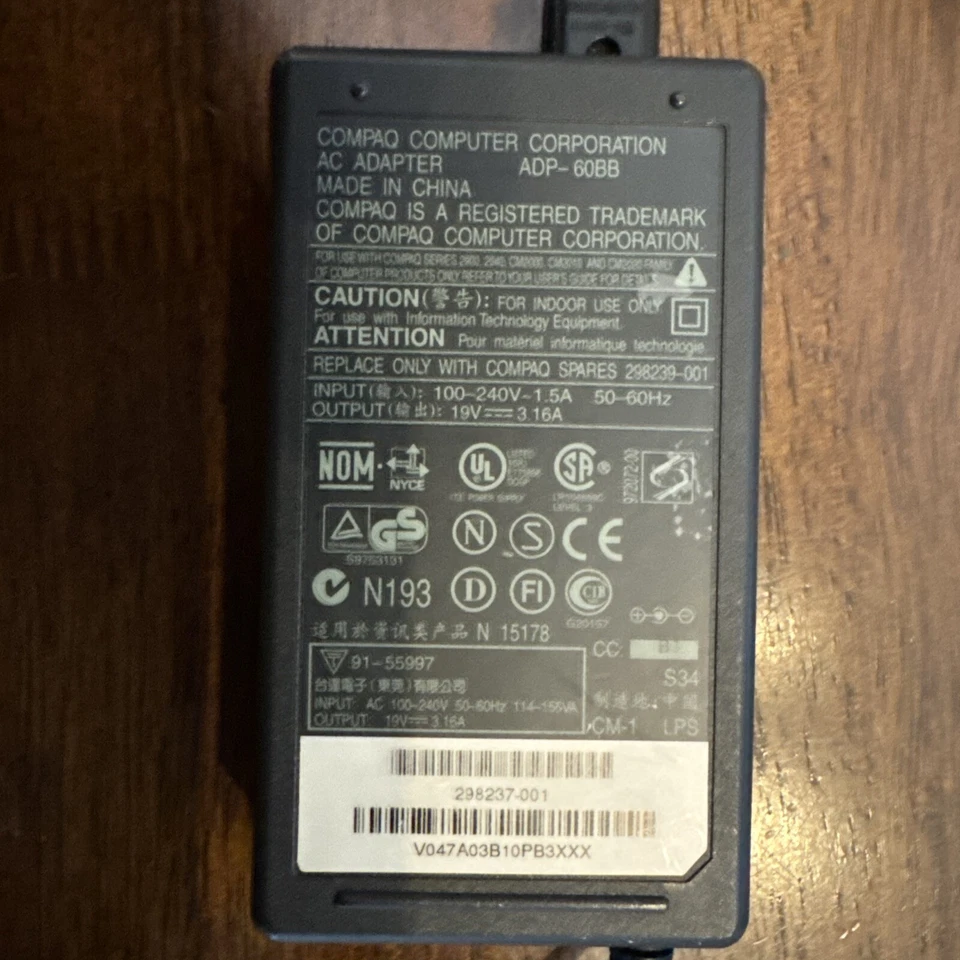 GENUINE Compaq OEM POWER SUPPLY CHARGER ADP-60BB P/N: 298237-001 19V 3.16A - Image 2 of 4