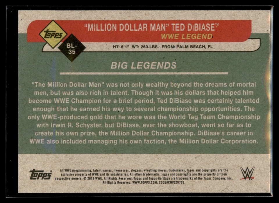 2018 Topps Heritage WWE Big Legends #BL-35 Million Dollar Man Ted DiBiase - Image 2 of 2