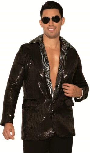 Blazer Disco Lentejuelas Negro Años 70 Baile Fiebre Elegante Vestido Animador XL Hombre Adulto Foto 4 de 4