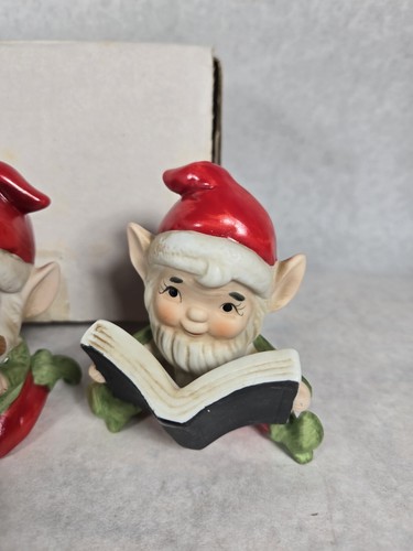 Set Of 3 Vintage Homco Christmas Elves 4" Ceramic Figurines Pixie 5406 Box - Imagen 4 de 9