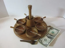 Set of 6 Mini Wooden Bowls with 9.5" diameter Olive Wood Serving Tray with forks