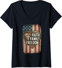 Faith Family Freedom - Patriotic Christian Cross Ladies' V-Neck Tshirt