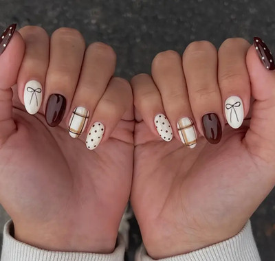 24 Pcs Press-On Nail Short Medium Oval Glossy - Brown & White Plaid, Bows, Dots