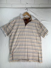 Mecca Polo Shirt Mens Large White Brown Striped Short Sleeve Cotton Embroidered