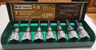 VINTAGE S-K TOOLS U.S.A. 3/8'' DRIVE SAE HEX BIT 7 PIECE SOCKET SET #19707