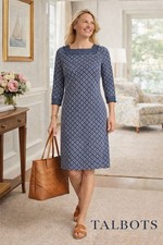 Talbots Womens Effortless Jersey Floral Shift Dress Sz 1X Navy Blue White Preppy