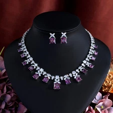 Chic Leaf Square Princess Cut Purple CZ Wedding Necklace Earrings Jewelry Set