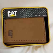 NWT Caterpillar CAT Men's Tan Leather Trifold Wallet Embossed Logo With RFID