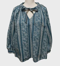 NWT WOMEN TOP a.n.a. LONG SLEEVE SPLIT TIE NECK FLORAL  BLUE XL