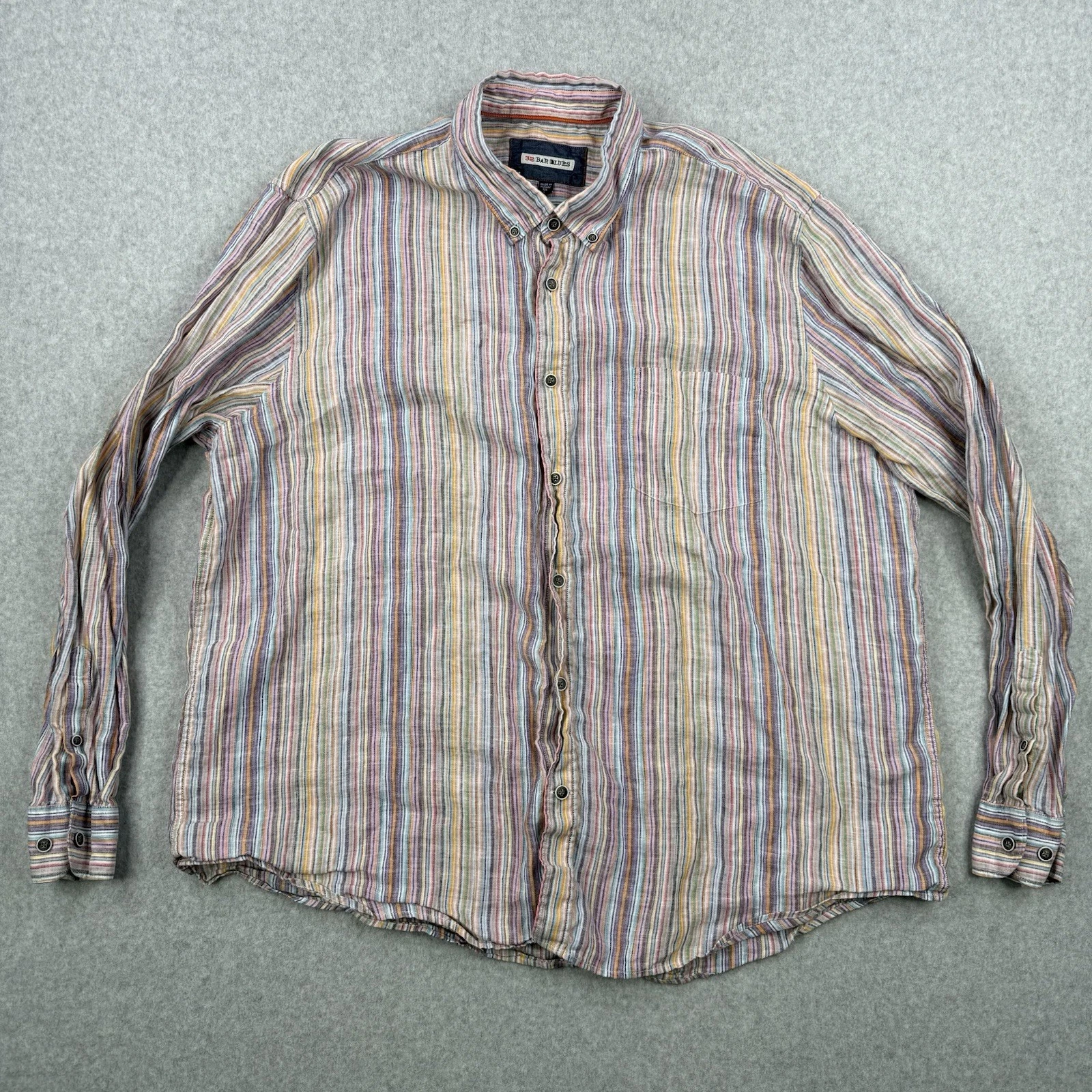 32 Bar Blues Shirt Mens 2XL Multicolor Striped 100% Linen Long Sleeve Beach