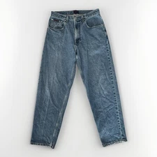 Y2K VTG Tommy Hilfiger Flag Jeans Mens 31x30 Freedom Straight Med Wash Baggy