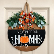 Fall Door Sign for Front Door, Round Wooden Fall Door Hanger with Pumpkin Wre...