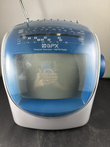 Vtg GPX TVP2 Portable TV 5” Black & White TV AM-FM Radio 3 Way Power Blue