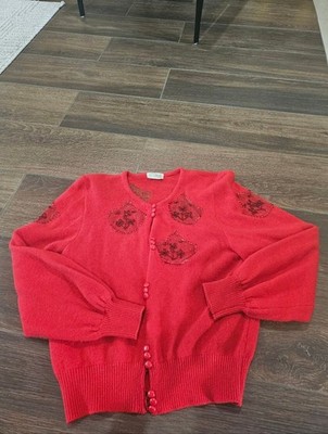 VINTAGE STEFANO BORGHI RED ANGORA EMBELLISHED SWEATER CARDIGAN SZ SMALL MEDIUM