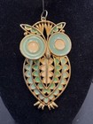 Vintage Owl Pendant Green Enamel Gold Tone Retro Jewelry — photo 1