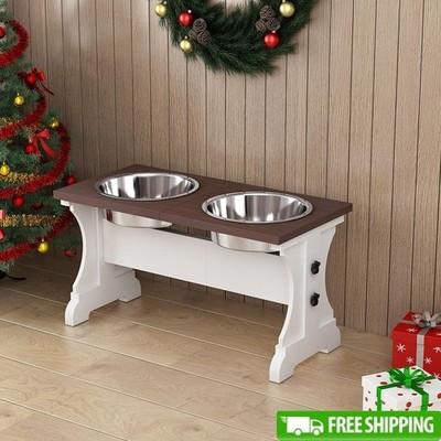 Elevated Dog Bowl Stand Wooden Feeding Station W/ Stainless Steel Bowls New